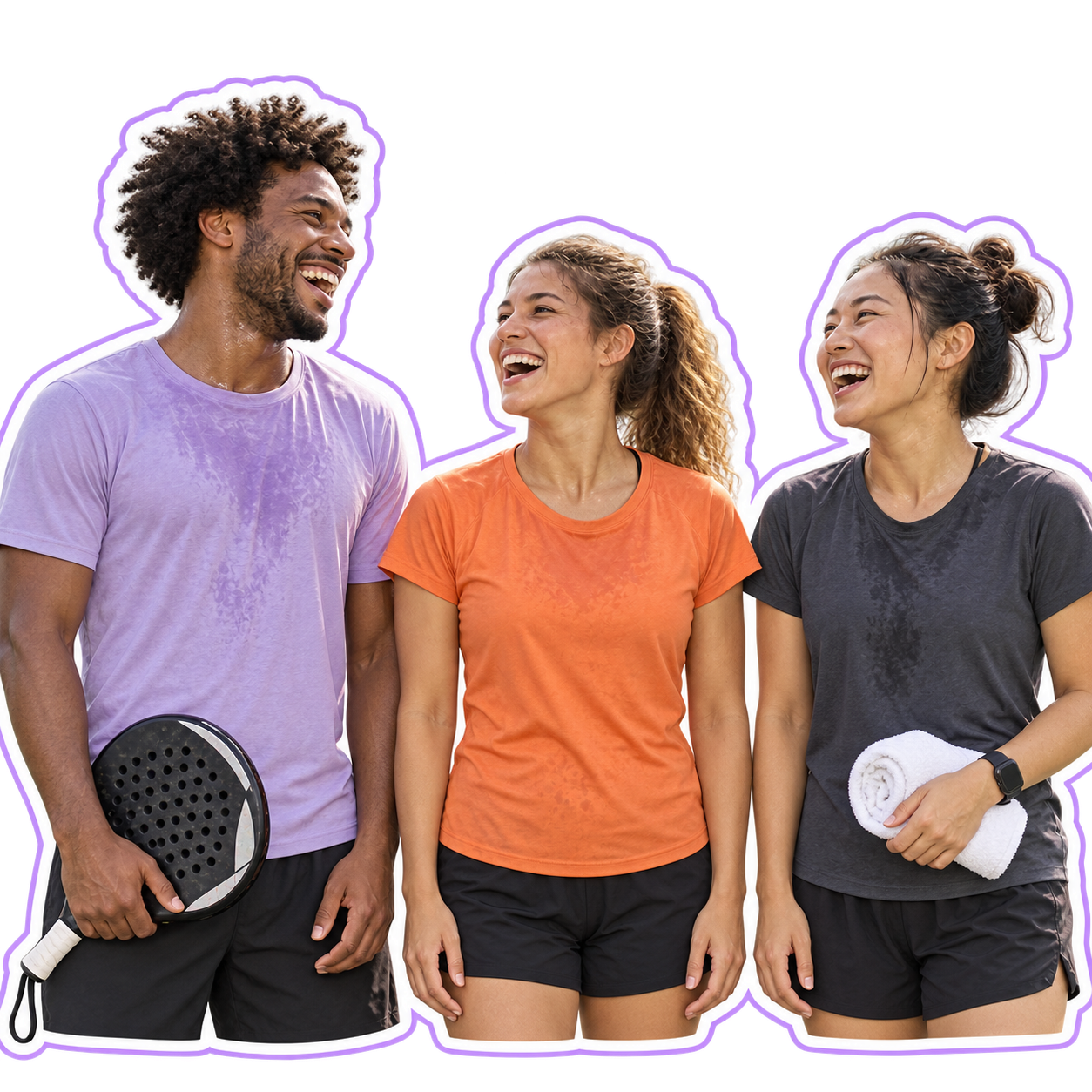 Three sport buddies laughing after a workout; AI-created campaign image